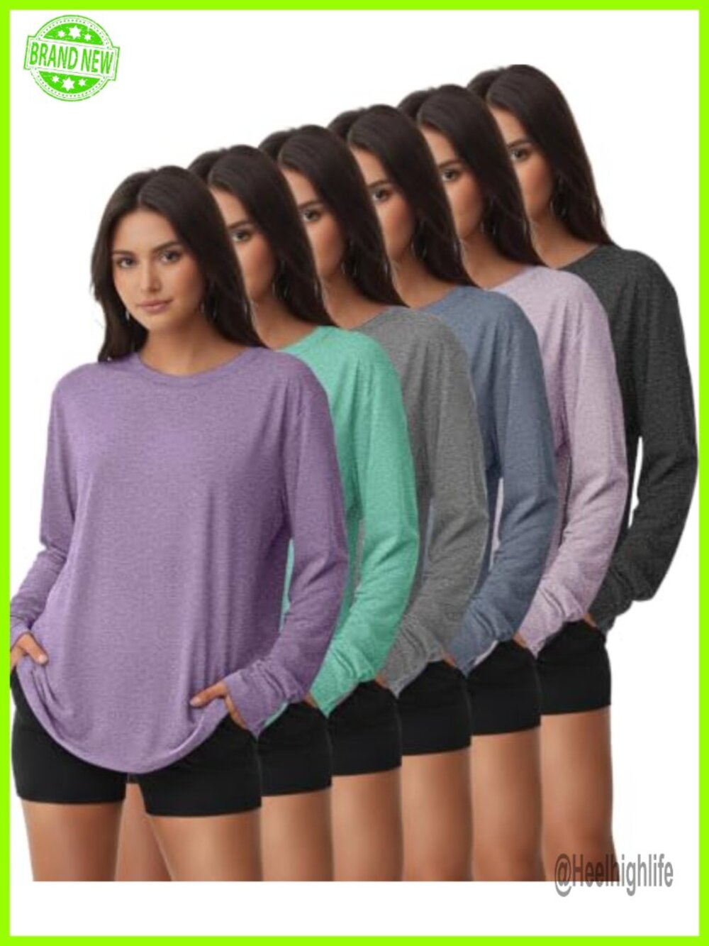 Women's Long Sleeve Workout Tops Dry Fit UPF 50+ Athletic Tee 6 Pack